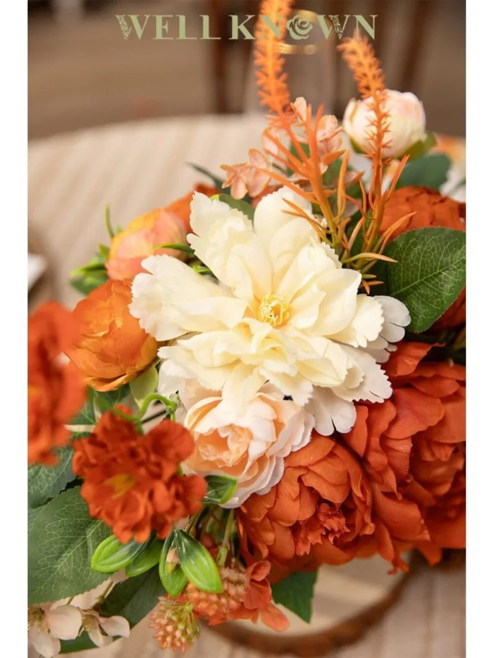 Stunning Burnt Orange & Champagne Artificial Flowers in Elegant Vase - Home